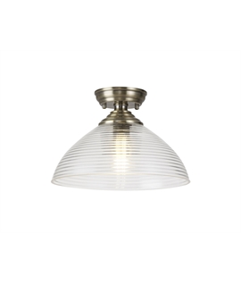 Damilo 1 Light Flush Ceiling E27 With Round 33.5cm Prismatic Effect Glass Shade Antique Brass-Clear