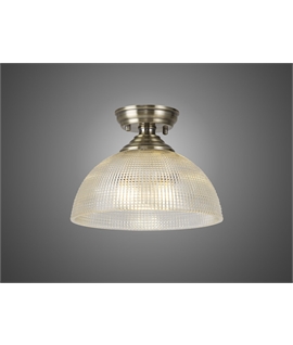 Damilo 1 Light Flush Ceiling E27 With Round 30cm Prismatic Effect Glass Shade Antique Brass-Clear