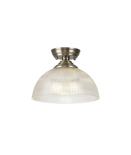Damilo 1 Light Flush Ceiling E27 With Round 30cm Prismatic Effect Glass Shade Antique Brass-Clear