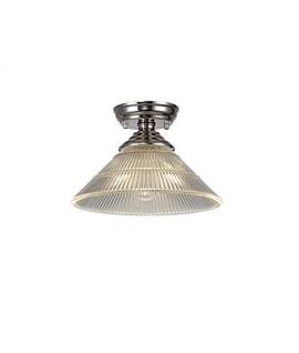 Damilo 1 Light Flush Ceiling E27 With Cone 30cm Glass Shade Polished Nickel-Clear