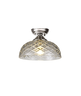 Damilo 1 Light Flush Ceiling E27 With Flat Round 30cm Patterned Glass Shade Polished Nickel-Clear