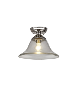 Damilo 1 Light Flush Ceiling E27 With Smooth Bell 30cm Glass Shade Polished Nickel-Clear