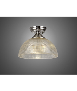 Damilo 1 Light Flush Ceiling E27 With Round 30cm Prismatic Effect Glass Shade Polished Nickel-Clear