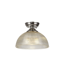 Damilo 1 Light Flush Ceiling E27 With Round 30cm Prismatic Effect Glass Shade Polished Nickel-Clear
