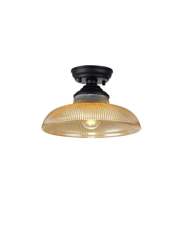 Damilo 1 Light Flush Ceiling E27 With Round 30cm Glass Shade Matt Black-Amber