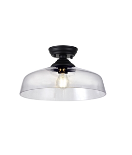 Damilo 1 Light Flush Ceiling E27 With Flat Round 38cm Glass Shade Matt Black-Clear