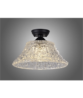 Damilo 1 Light Flush Ceiling E27 With Round 38cm Patterned Glass Shade Matt Black-Clear
