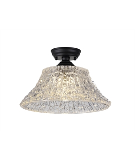 Damilo 1 Light Flush Ceiling E27 With Round 38cm Patterned Glass Shade Matt Black-Clear