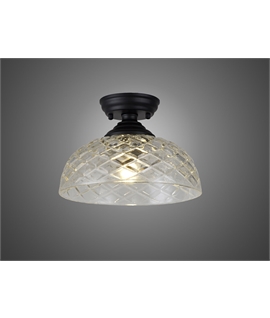 Damilo 1 Light Flush Ceiling E27 With Flat Round 30cm Patterned Glass Shade Matt Black-Clear
