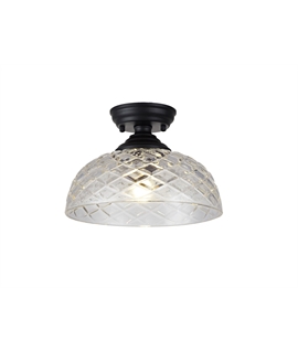 Damilo 1 Light Flush Ceiling E27 With Flat Round 30cm Patterned Glass Shade Matt Black-Clear