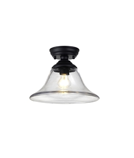 Damilo 1 Light Flush Ceiling E27 With Smooth Bell 30cm Glass Shade Matt Black-Clear