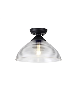 Damilo 1 Light Flush Ceiling E27 With Round 33.5cm Prismatic Effect Glass Shade Matt Black-Clear