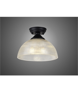 Damilo 1 Light Flush Ceiling E27 With Round 30cm Prismatic Effect Glass Shade Matt Black-Clear