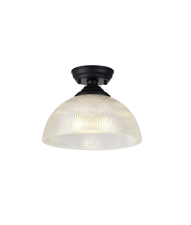 Damilo 1 Light Flush Ceiling E27 With Round 30cm Prismatic Effect Glass Shade Matt Black-Clear