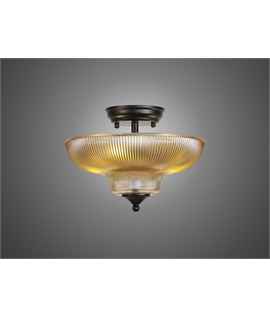 Damilo 2 Light Semi Flush Ceiling E27 With Round 30cm Glass Shade Matt Black-Amber