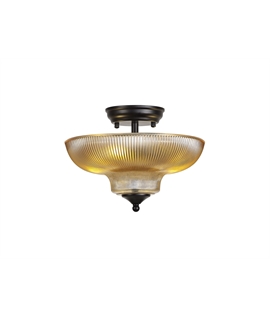 Damilo 2 Light Semi Flush Ceiling E27 With Round 30cm Glass Shade Matt Black-Amber