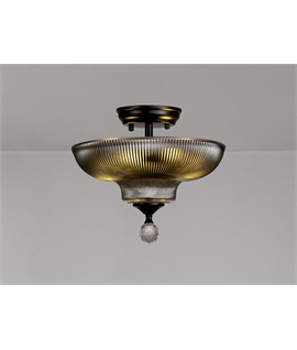 Damilo 2 Light Semi Flush Ceiling E27 With Round 30cm Glass Shade Matt Black-Smoked