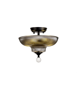 Damilo 2 Light Semi Flush Ceiling E27 With Round 30cm Glass Shade Matt Black-Smoked