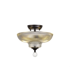 Damilo 2 Light Semi Flush Ceiling E27 With Round 30cm Glass Shade Matt Black-Clear