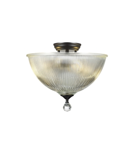 Damilo 2 Light Semi Flush Ceiling E27 With Dome 38cm Glass Shade Matt Black-Clear