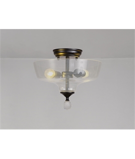 Damilo 2 Light Semi Flush Ceiling E27 With Flat Round 30cm Glass Shade Matt Black-Clear