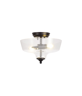 Damilo 2 Light Semi Flush Ceiling E27 With Flat Round 30cm Glass Shade Matt Black-Clear