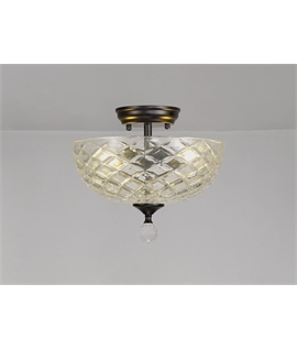 Damilo 2 Light Semi Flush Ceiling E27 With Flat Round 30cm Patterned Glass Shade Matt Black-Clear