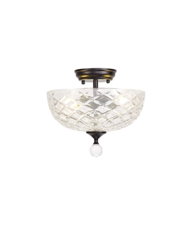 Damilo 2 Light Semi Flush Ceiling E27 With Flat Round 30cm Patterned Glass Shade Matt Black-Clear