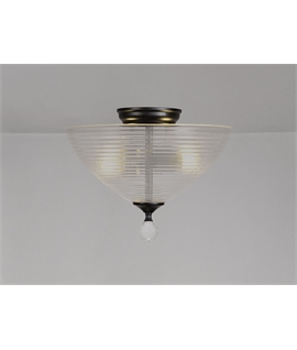 Damilo 2 Light Semi Flush Ceiling E27 With Round 33.5cm Prismatic Effect Glass Shade Matt Black-Clear