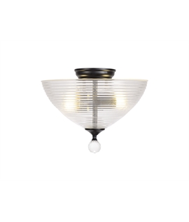 Damilo 2 Light Semi Flush Ceiling E27 With Round 33.5cm Prismatic Effect Glass Shade Matt Black-Clear