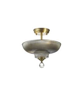 Damilo 2 Light Semi Flush Ceiling E27 With Round 30cm Glass Shade Antique Brass-Smoked