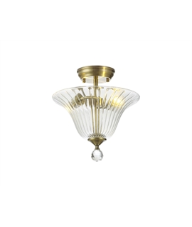 Damilo 2 Light Semi Flush Ceiling E27 With Bell 30cm Glass Shade Antique Brass-Clear