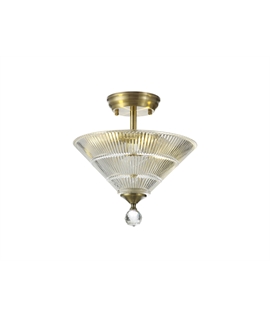 Damilo 2 Light Semi Flush Ceiling E27 With Cone 30cm Glass Shade Antique Brass-Clear