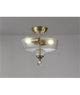Damilo 2 Light Semi Flush Ceiling E27 With Flat Round 30cm Glass Shade Antique Brass-Clear