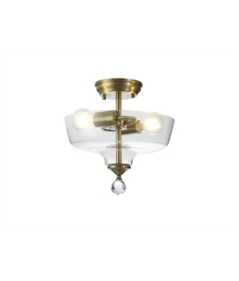 Damilo 2 Light Semi Flush Ceiling E27 With Flat Round 30cm Glass Shade Antique Brass-Clear