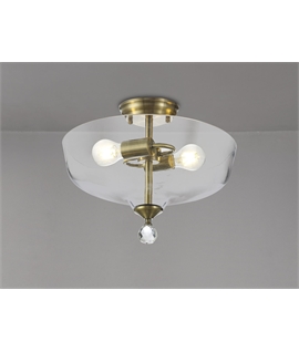 Damilo 2 Light Semi Flush Ceiling E27 With Flat Round 38cm Glass Shade Antique Brass-Clear