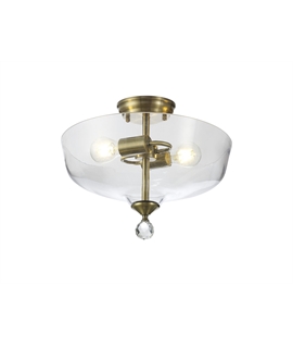 Damilo 2 Light Semi Flush Ceiling E27 With Flat Round 38cm Glass Shade Antique Brass-Clear