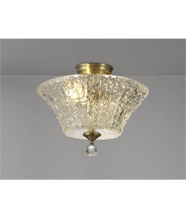 Damilo 2 Light Semi Flush Ceiling E27 With Round 38cm Patterned Glass Shade Antique Brass-Clear