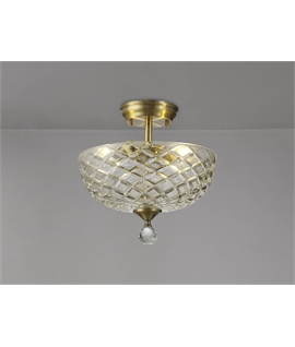 Damilo 2 Light Semi Flush Ceiling E27 With Flat Round 30cm Patterned Glass Shade Antique Brass-Clear