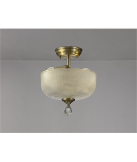 Damilo 2 Light Semi Flush Ceiling E27 With Round 26.5cm Prismatic Effect Glass Shade Antique Brass-Clear