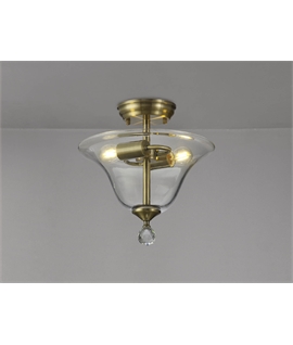 Damilo 2 Light Semi Flush Ceiling E27 With Smooth Bell 30cm Glass Shade Antique Brass-Clear