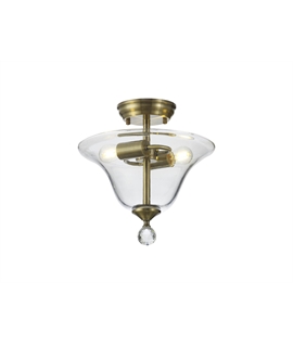 Damilo 2 Light Semi Flush Ceiling E27 With Smooth Bell 30cm Glass Shade Antique Brass-Clear
