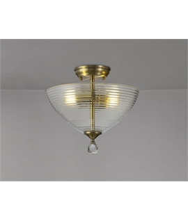 Damilo 2 Light Semi Flush Ceiling E27 With Round 33.5cm Prismatic Effect Glass Shade Antique Brass-Clear