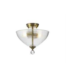Damilo 2 Light Semi Flush Ceiling E27 With Round 33.5cm Prismatic Effect Glass Shade Antique Brass-Clear