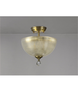 Damilo 2 Light Semi Flush Ceiling E27 With Round 30cm Prismatic Effect Glass Shade Antique Brass-Clear