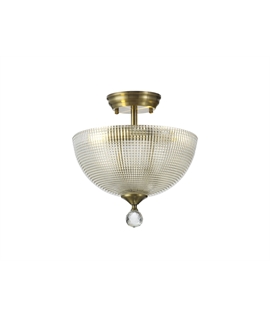 Damilo 2 Light Semi Flush Ceiling E27 With Round 30cm Prismatic Effect Glass Shade Antique Brass-Clear