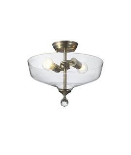 Damilo 2 Light Semi Flush Ceiling E27 With Flat Round 38cm Glass Shade Satin Nickel-Clear