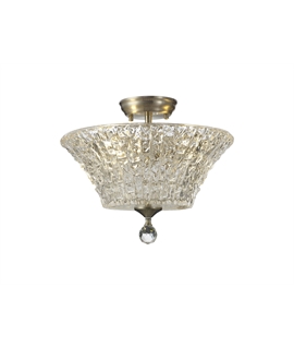 Damilo 2 Light Semi Flush Ceiling E27 With Round 38cm Patterned Glass Shade Satin Nickel-Clear