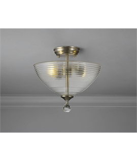 Damilo 2 Light Semi Flush Ceiling E27 With Round 33.5cm Prismatic Effect Glass Shade Satin Nickel-Clear