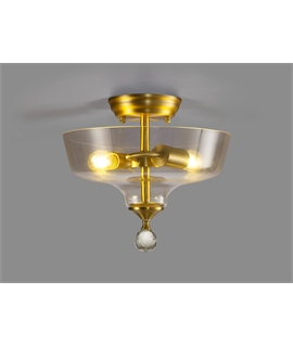Damilo 2 Light Semi Flush Ceiling E27 With Flat Round 30cm Glass Shade Satin Gold-Clear